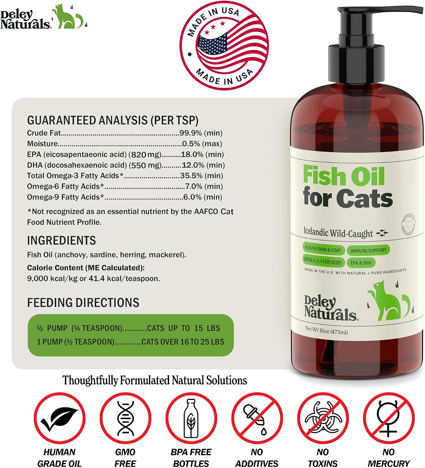 Authentic Deley Naturals USA imported feline omega supplement packaging showing secure pump top