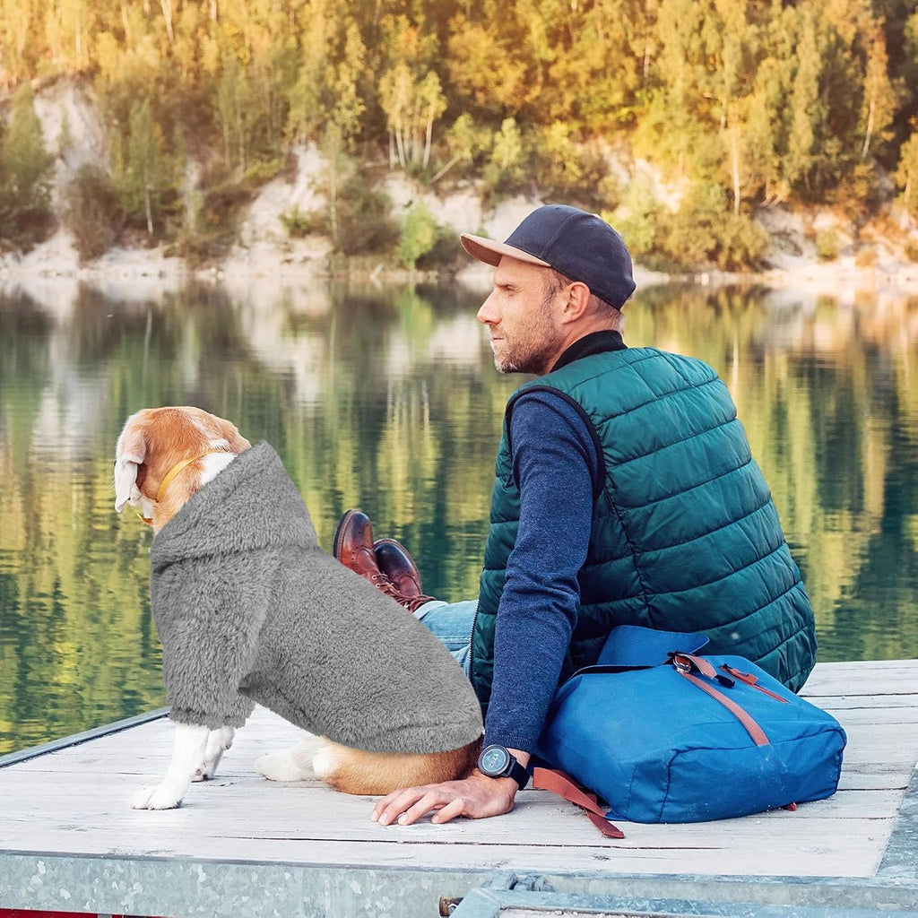 Side angle of the grey plush pet pullover sweater showcasing the comfortable roomy fit.