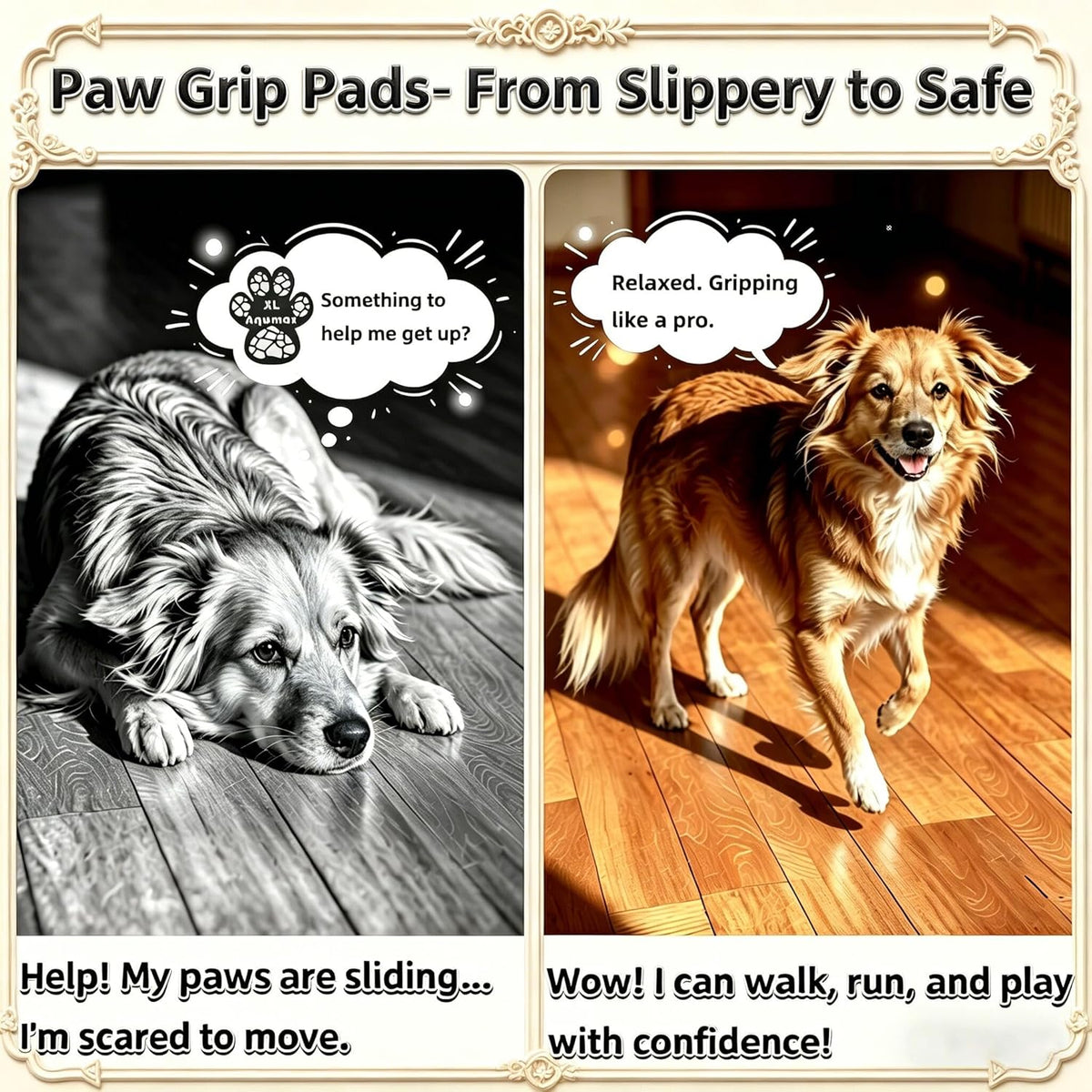 Aqumax paw grips applied to dog paw for traction