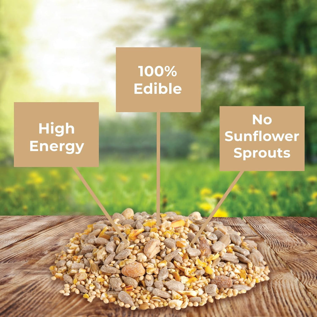 Close up of Kaytee shell-free wild bird seed mixture containing sunflower hearts and peanuts.