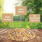 Close up of Kaytee shell-free wild bird seed mixture containing sunflower hearts and peanuts.