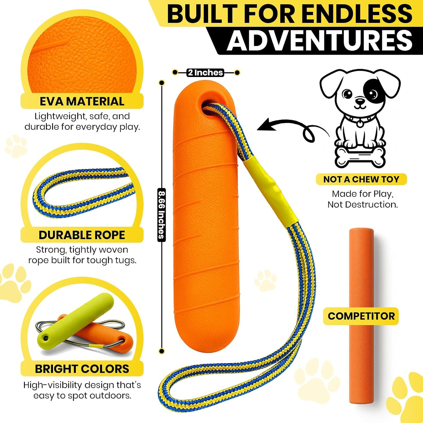 Ruffify EVA dog bumper throw stick floating high on water surface during fetch training.