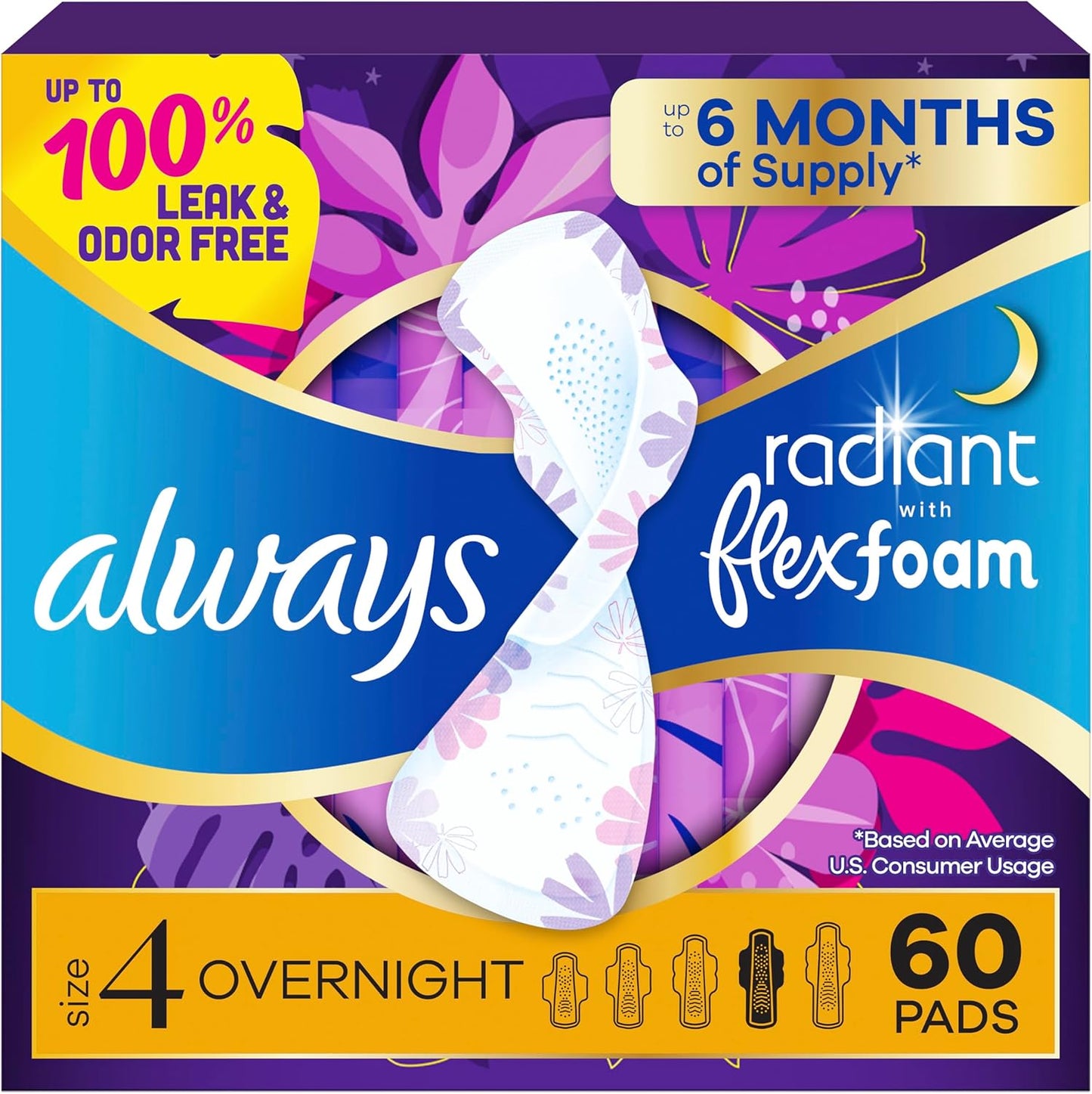 Always Radiant FlexFoam Size 4 Overnight Pads 60 Count front packaging view