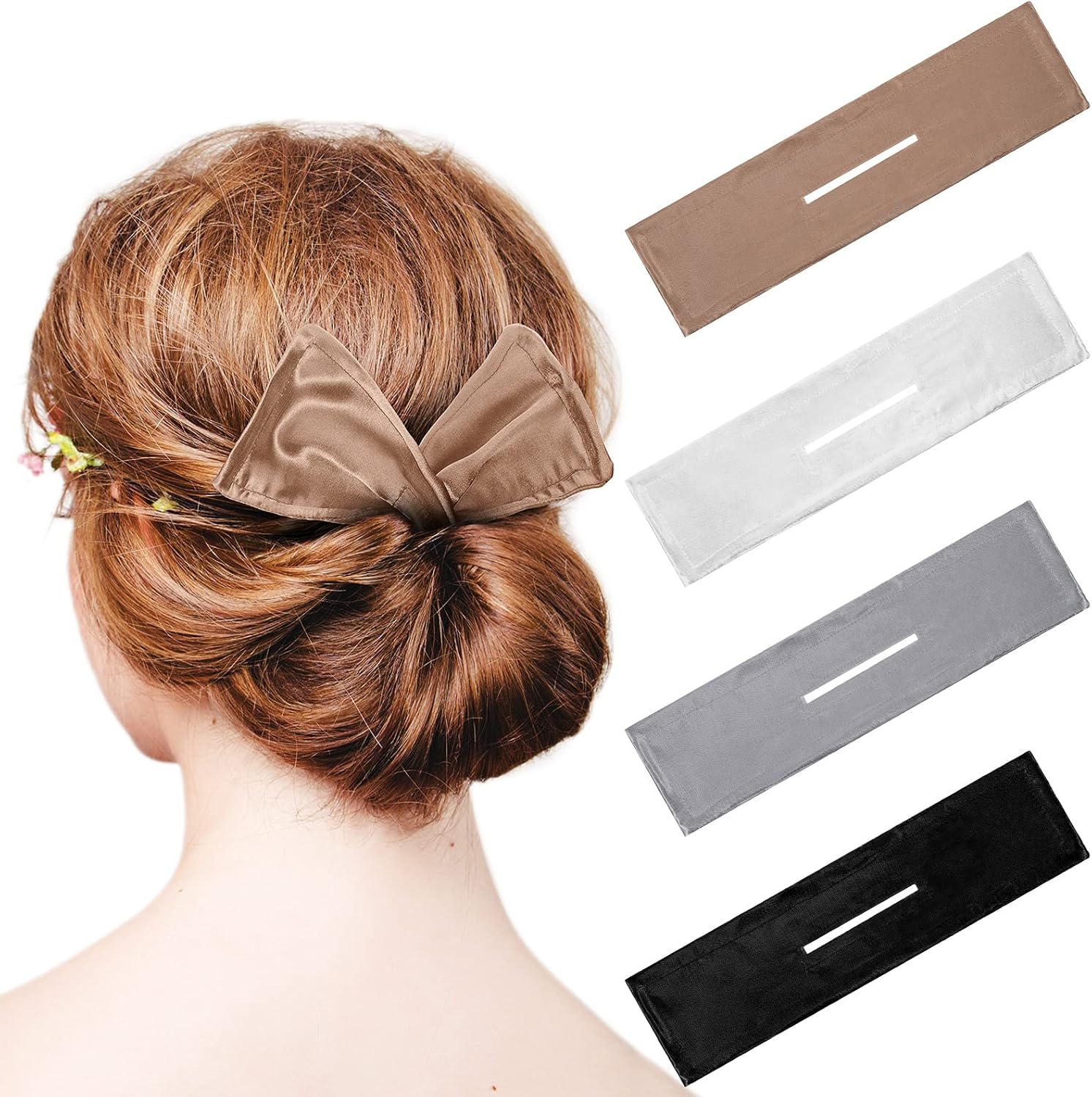 Syhood deft hair bun maker set front view featuring four colorful fabric styling tools.