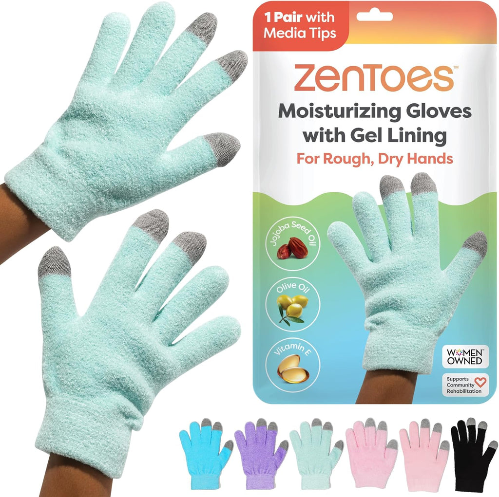ZenToes moisturizing gloves front view showcasing fuzzy mint green fabric
