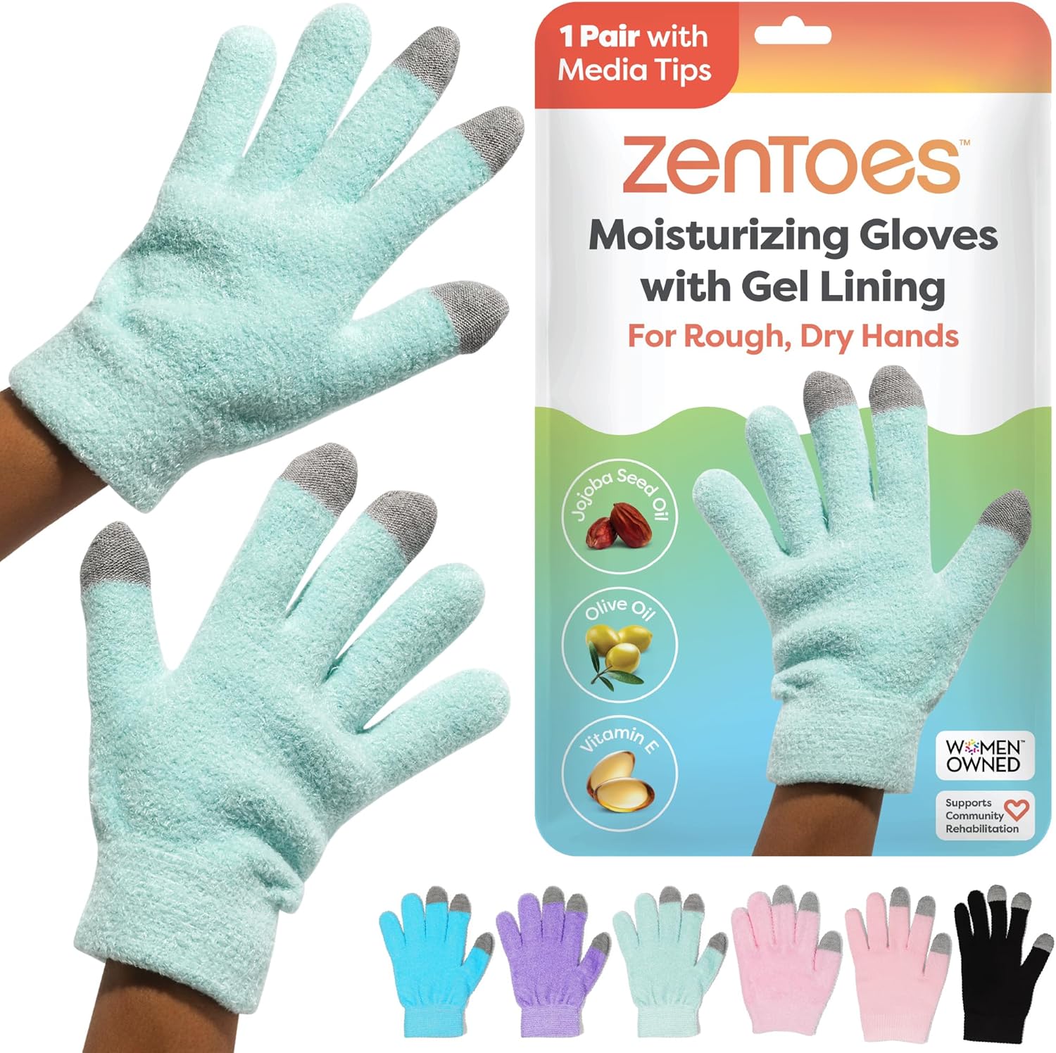 ZenToes moisturizing gloves fuzzy mint green front view