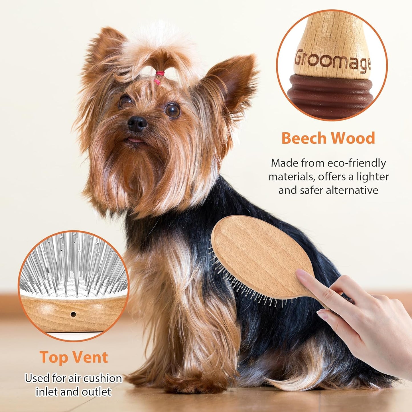 Groomage long pin brush being used to detangle the thick double coat of a golden retriever.