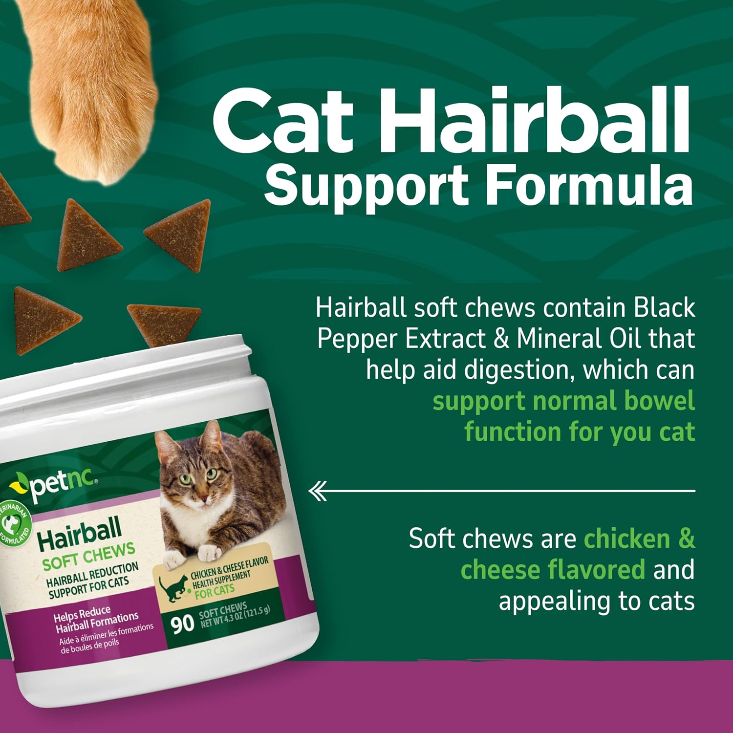 PetNC feline hairball reduction treats 90 count bottle close up
