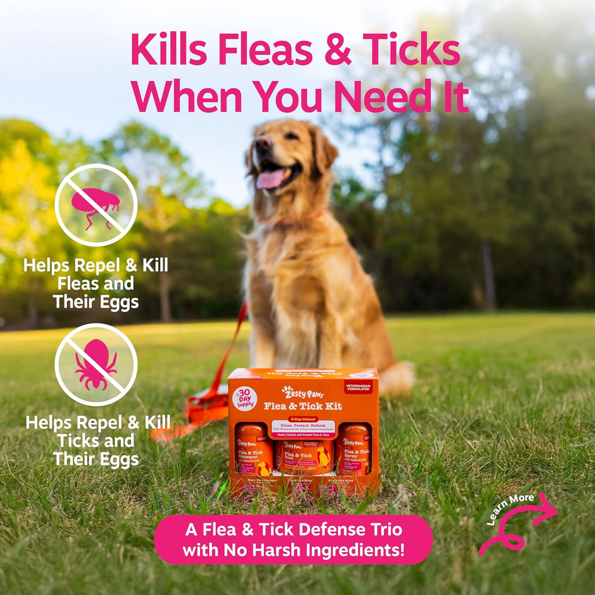 Zesty Paws natural pet pest protection system pack showing three steps of application.