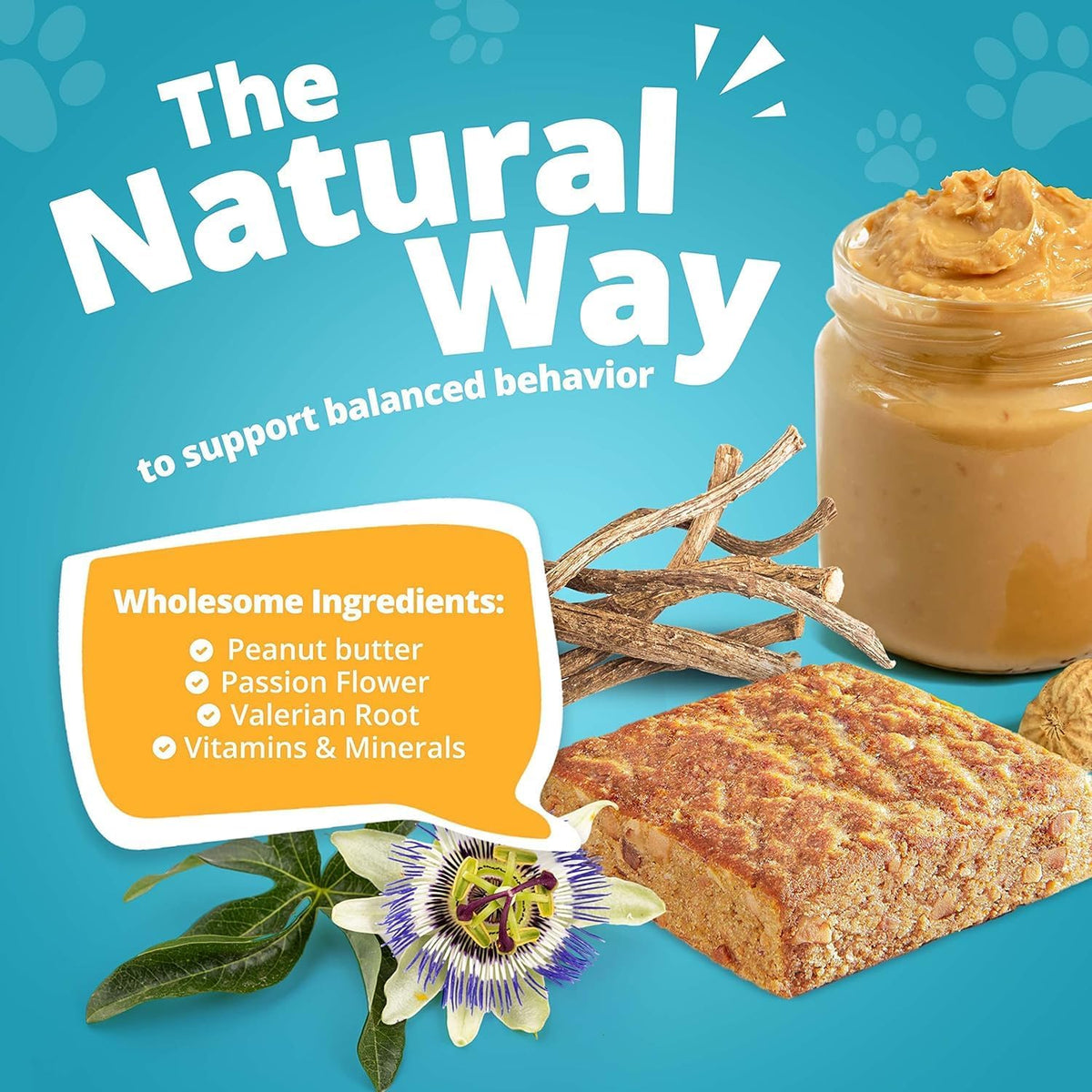 Close up view of the natural peanut butter flavored relaxation square for dogs