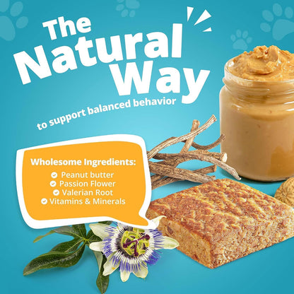 Close up view of the natural peanut butter flavored relaxation square for dogs