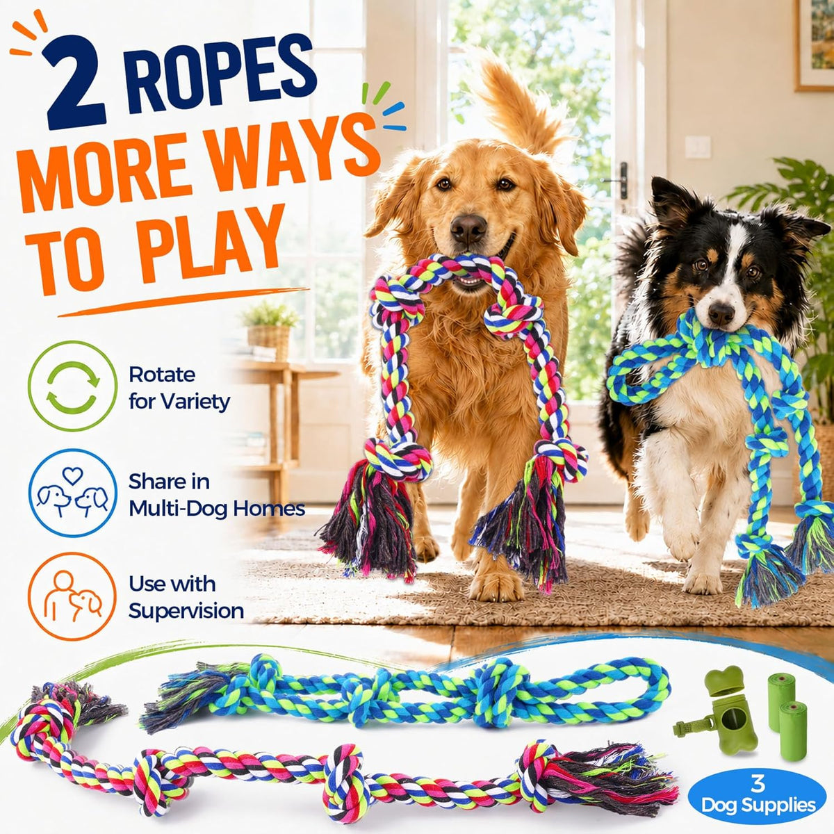 Eefitoys dog rope toys for aggressive chewers illustrating the thick multicoloured twisted cotton knots.