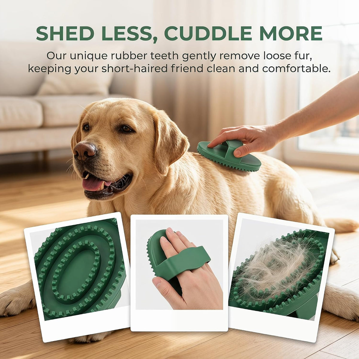 Wet pet bathing brush being used as a shampoo massage comb.