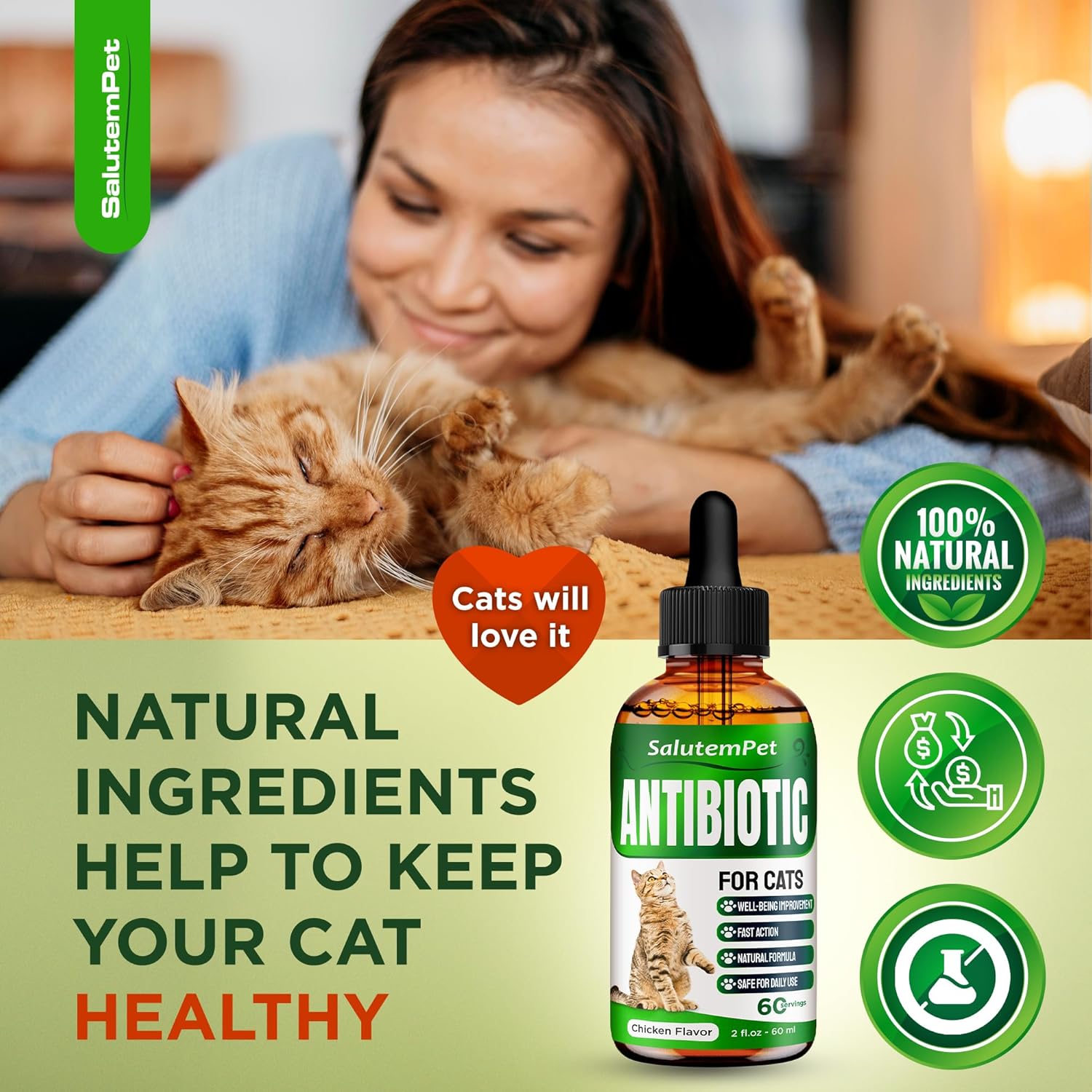 Feline herbal supplement dropper showing clear liquid formulation for pets