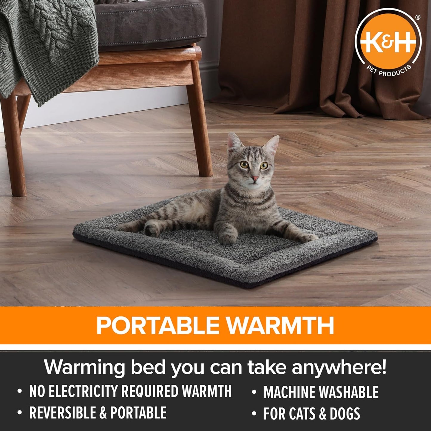 K&H Pet Products self heating pad placed inside an indoor pet bed setup