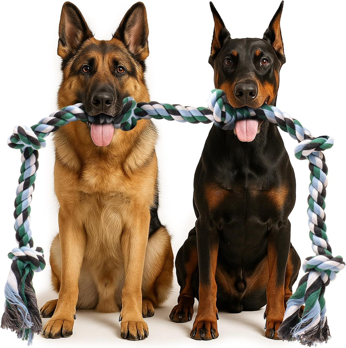 Full view of the six knot indestructible dog toy for giant breeds on a clean background