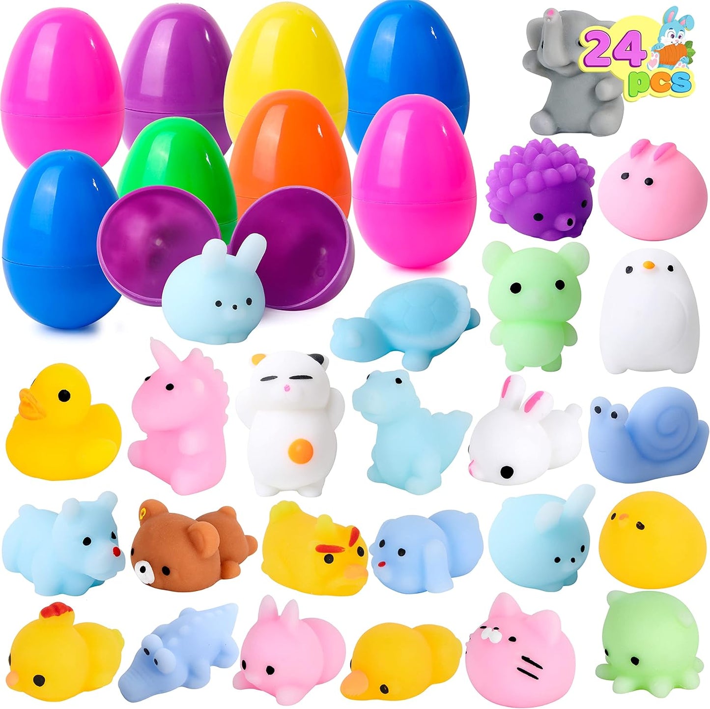 JOYIN Easter prefilled eggs front view showcasing colorful glitter plastic shells containing miniature animal toys.