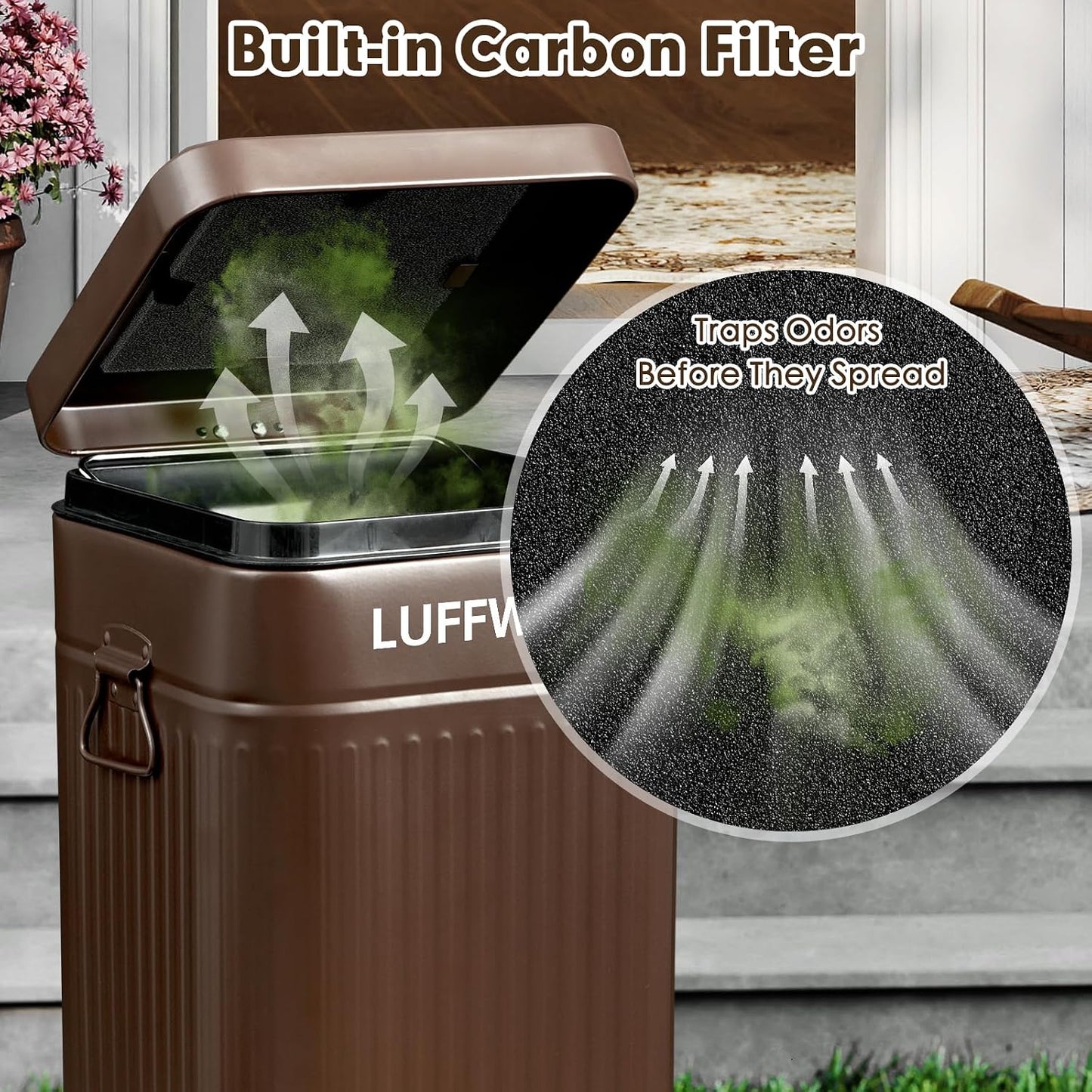 Close up view of the Nevink airtight odor sealing lid mechanism on the black metal trash can.