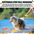 Four pack of Skylety amphibious fetch sticks arranged neatly to show the 8.5 by 2 inch dimensions.
