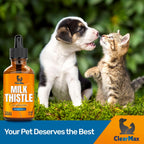Clear Max liquid milk thistle antioxidant supplement bottle for large and small pets