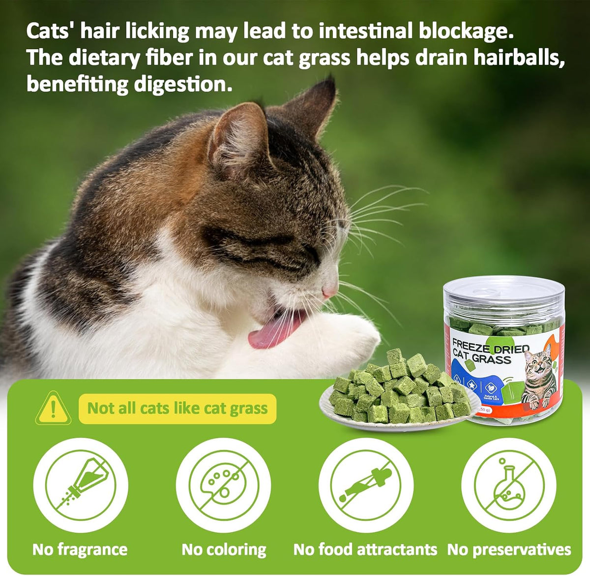 Freeze dried cat grass treat being crumbled as a kibble topper over pet food