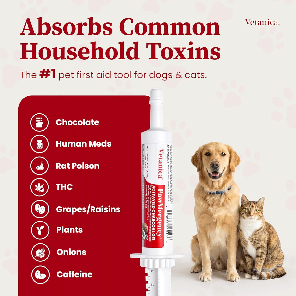 Activated charcoal and kaolin clay pet remedy gel tubes for canine digestive upset and toxin binding.