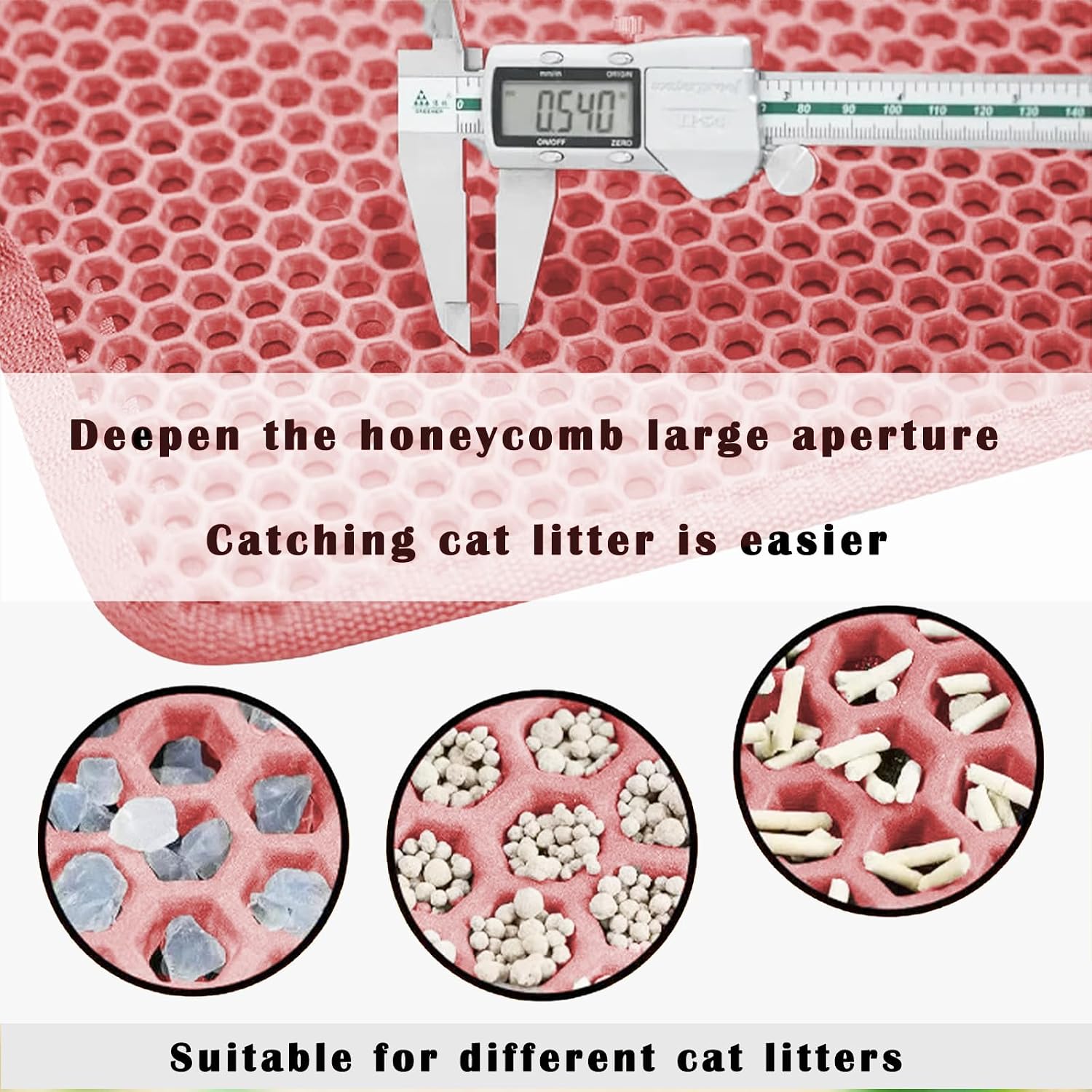 A domestic cat stepping onto the soft pink EVA foam litter trapping mat.