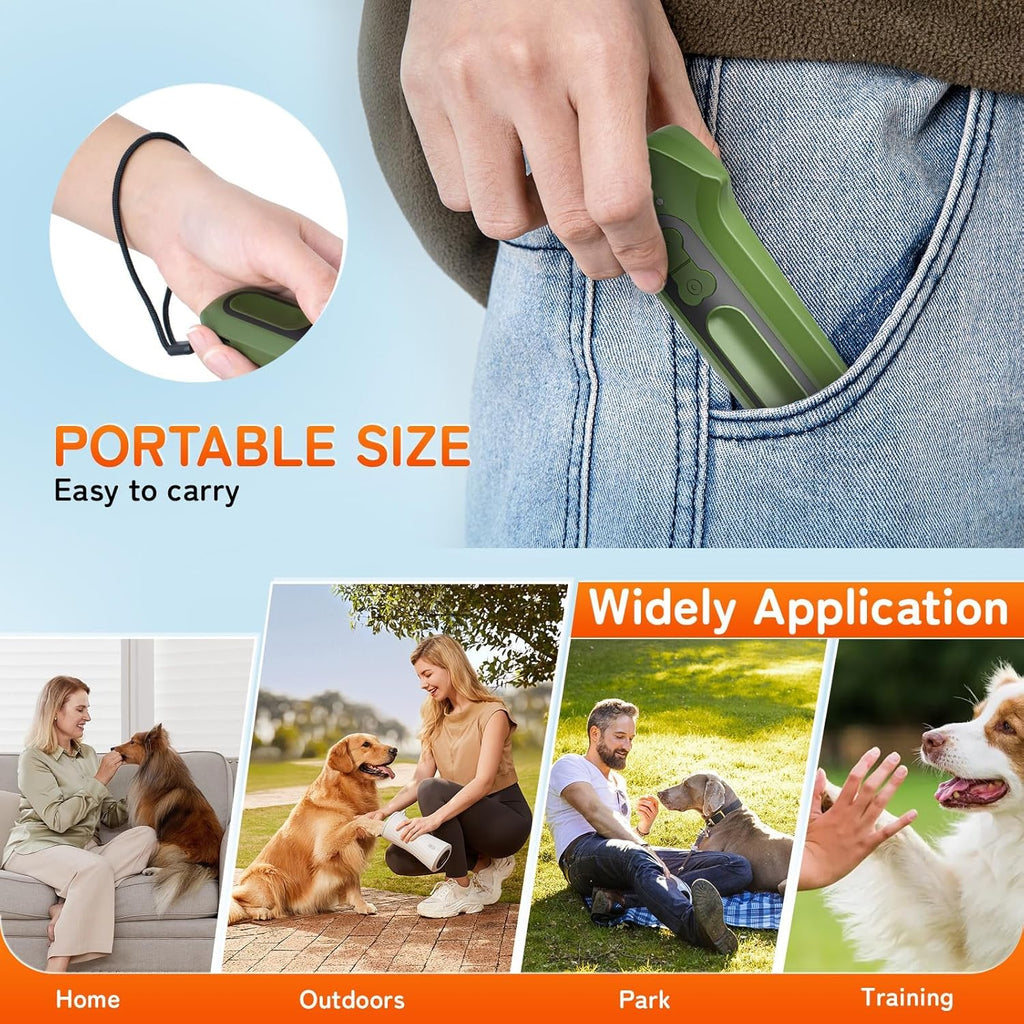 Compact green ultrasonic deterrent device for outdoor dog training