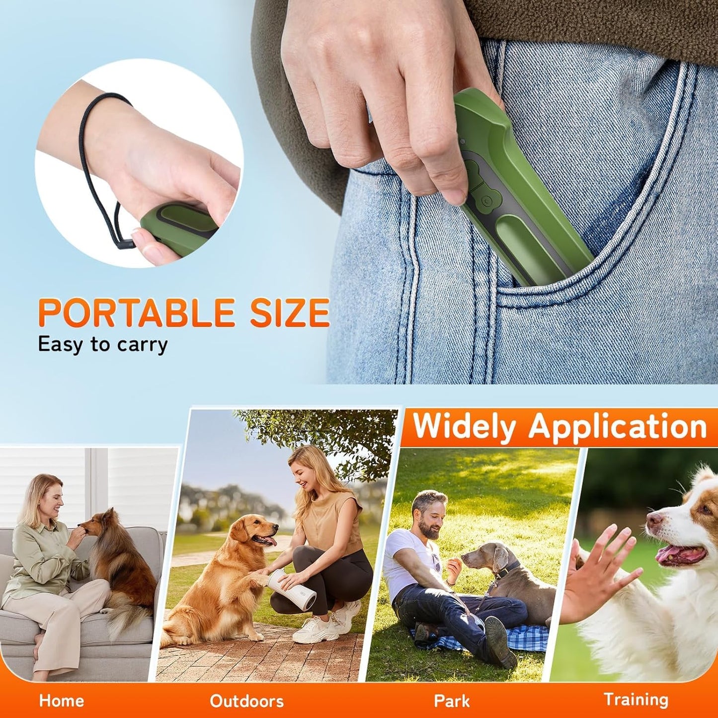 Compact green ultrasonic deterrent device for outdoor dog training