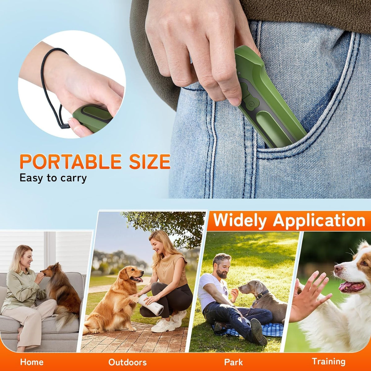 Compact green ultrasonic deterrent device for outdoor dog training