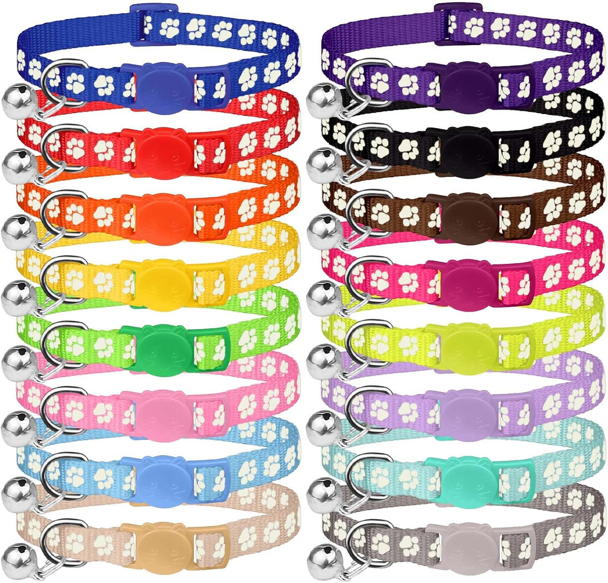 Full collection of sixteen solid color imported Waoduld cat collars arranged neatly by shade