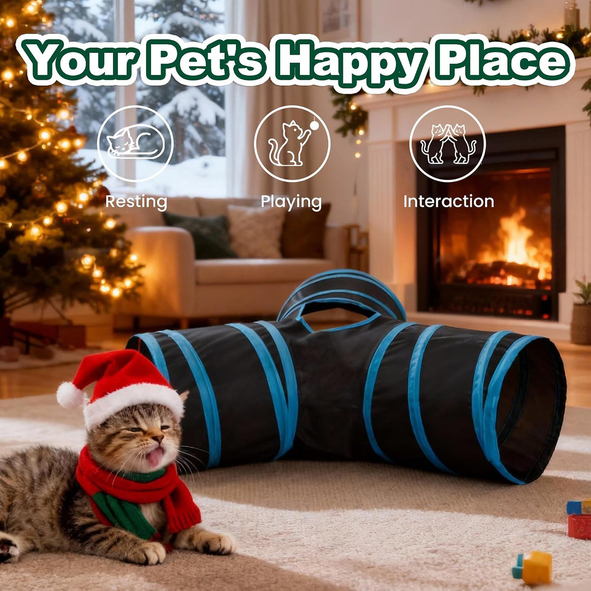 Love's Cabin interactive kitten play tube with visible central peek-a-boo hole.