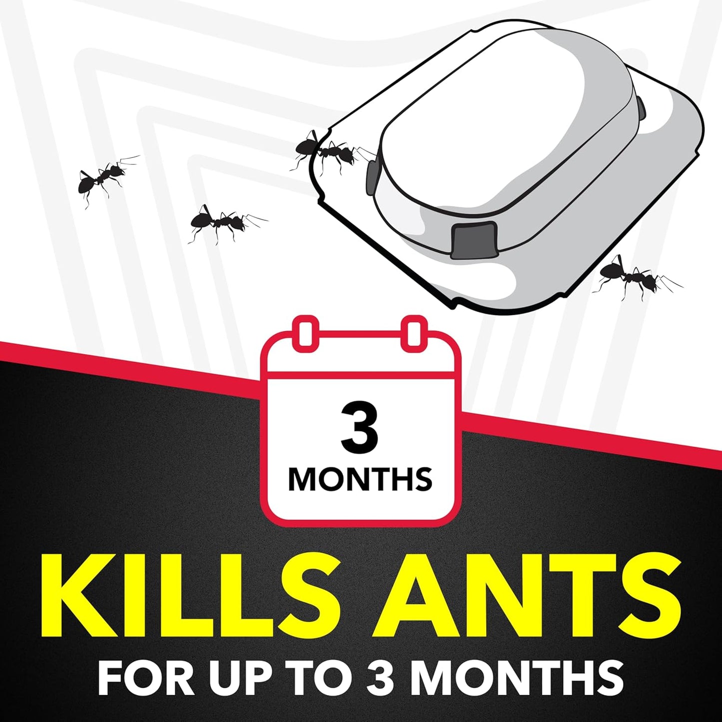 Raid child resistant ant bait stations being placed flat along a kitchen wall baseboard.