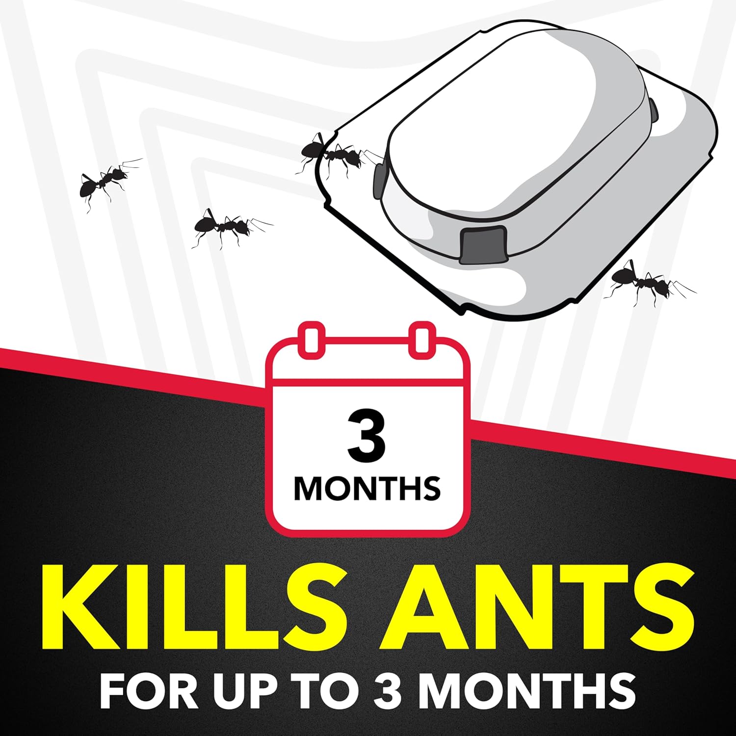 Raid child resistant ant bait stations being placed flat along a kitchen wall baseboard.