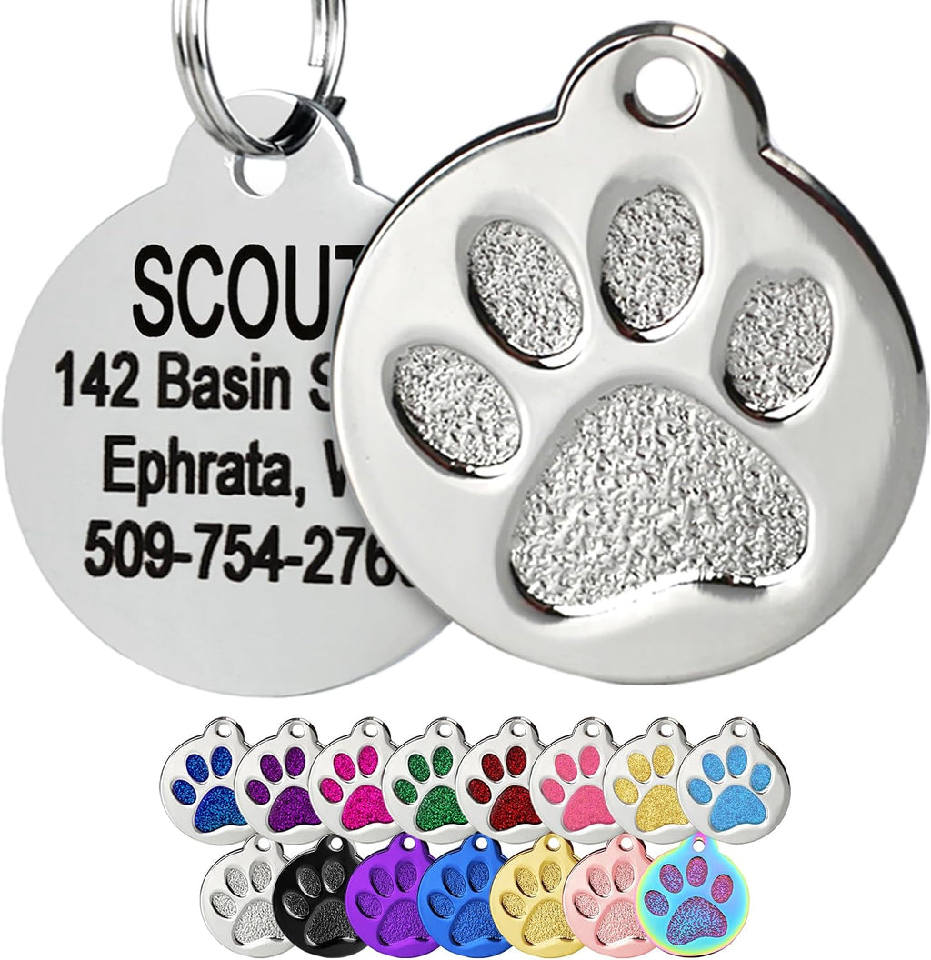 GoTags Paw Print Round Stainless Steel Pet Tag for Dogs and Cats, Personalized with 4 Lines of Custom Engraved ID Name and Number, in Stainless Steel and 15 Colors Small and Large, Glitter Blue - Image 9