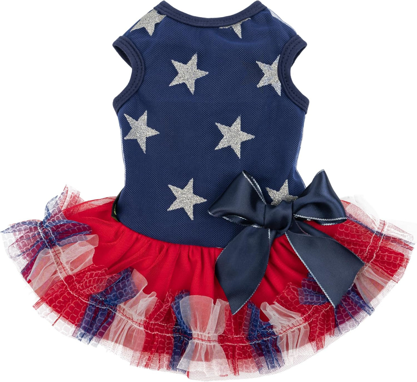 Fitwarm Patriotic Sparkly Stars Dog Dress front view on small puppy