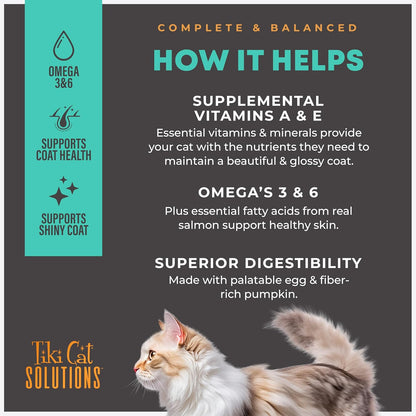 Tiki Cat Solutions functional omega fatty acid rich wet cat food pouch display