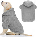 QDYU Fuzzy Dog Hoodie front view showing the plush grey fleece material on a large breed dog.
