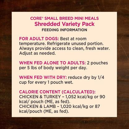 Small dog eating Wellness CORE shredded mini meal from a bowl