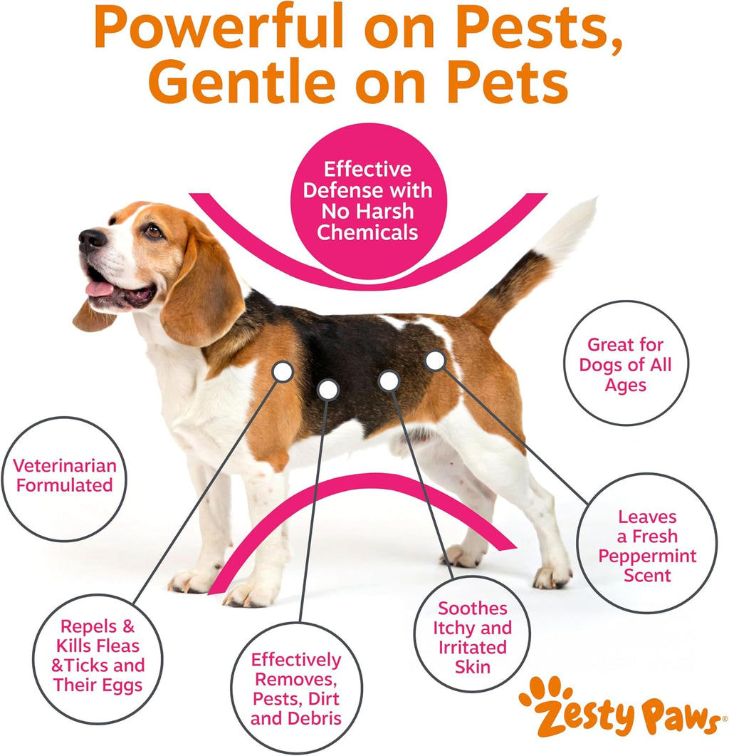 Close up of Zesty Paws flea and tick treatment bottle
