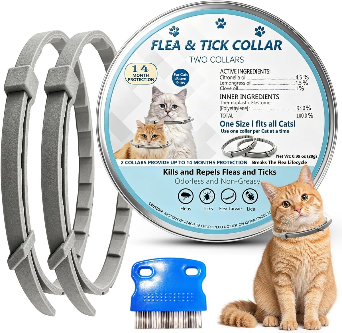 Flea Collar for Cats, 2 Pack Collar for Cats, Offers 12 Months Protection, Waterproof, Adjustable, One Size Fits All Cat, Light Blue - Image 1
