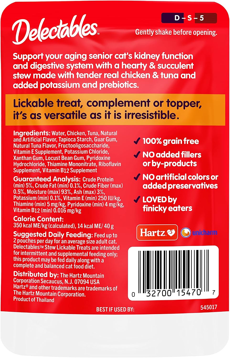 Hartz Delectables senior cat treat variety and feeding suggestion display