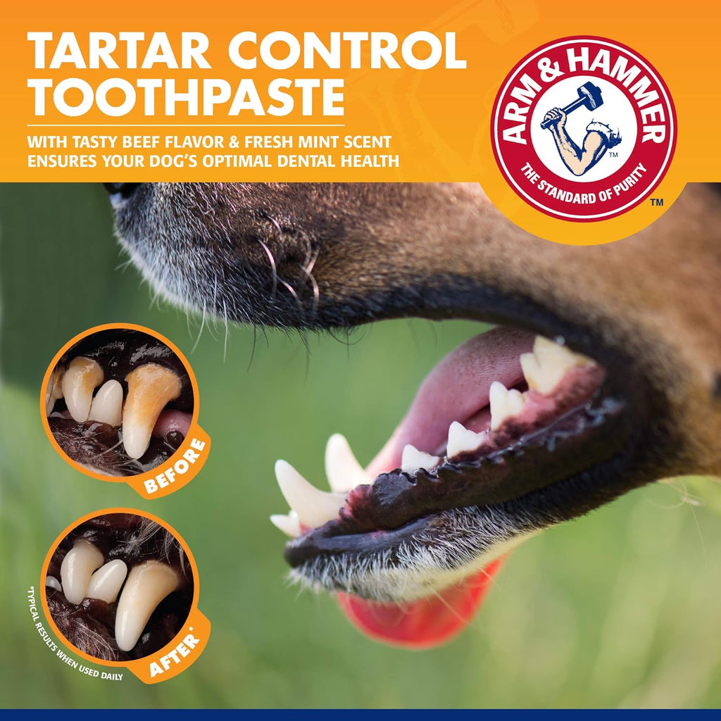 Side view of Arm and Hammer dog toothpaste highlighting baking soda ingredients