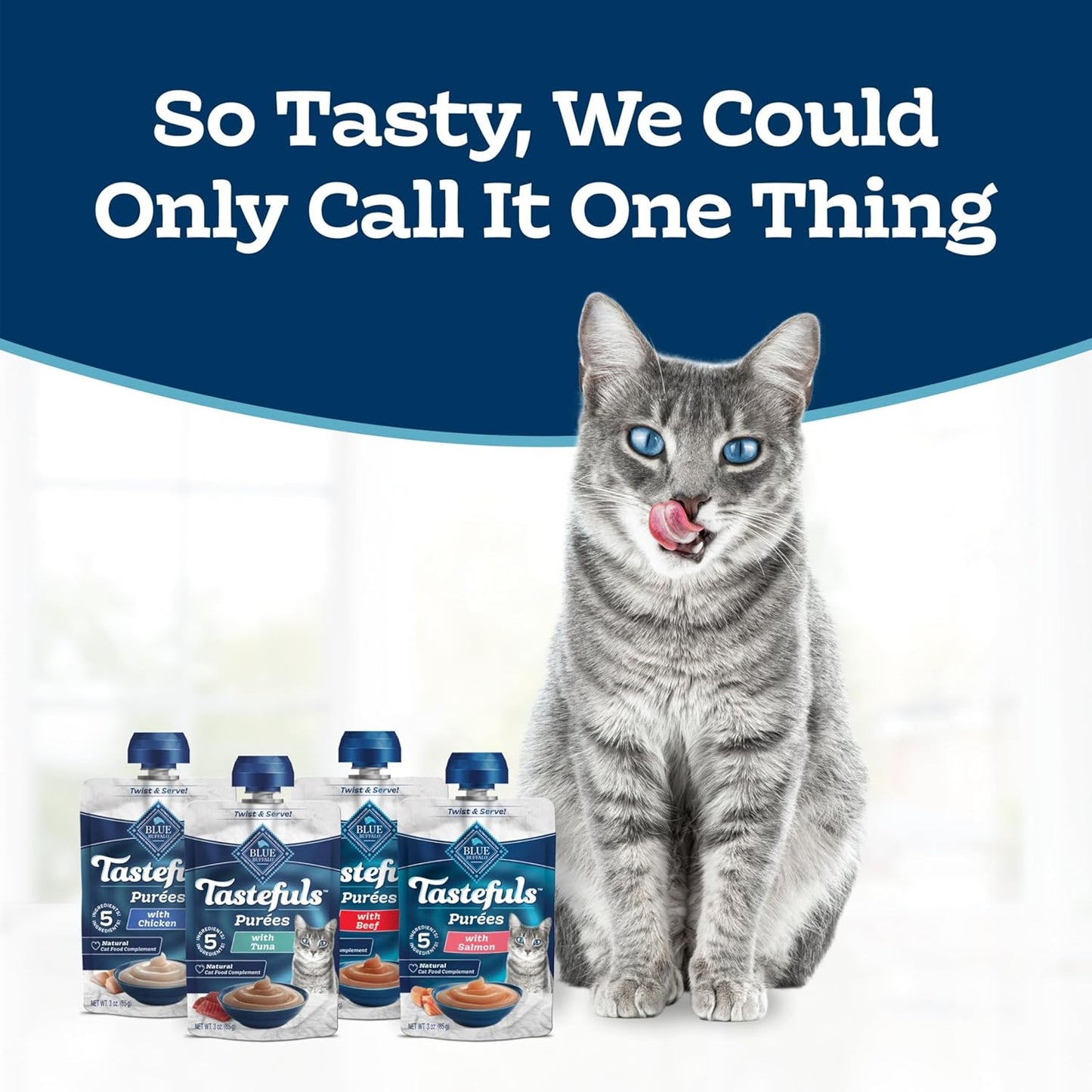 Blue Buffalo Tastefuls cat food toppers featuring chicken tuna salmon and beef flavors