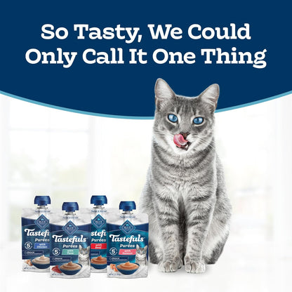 Blue Buffalo Tastefuls cat food toppers featuring chicken tuna salmon and beef flavors