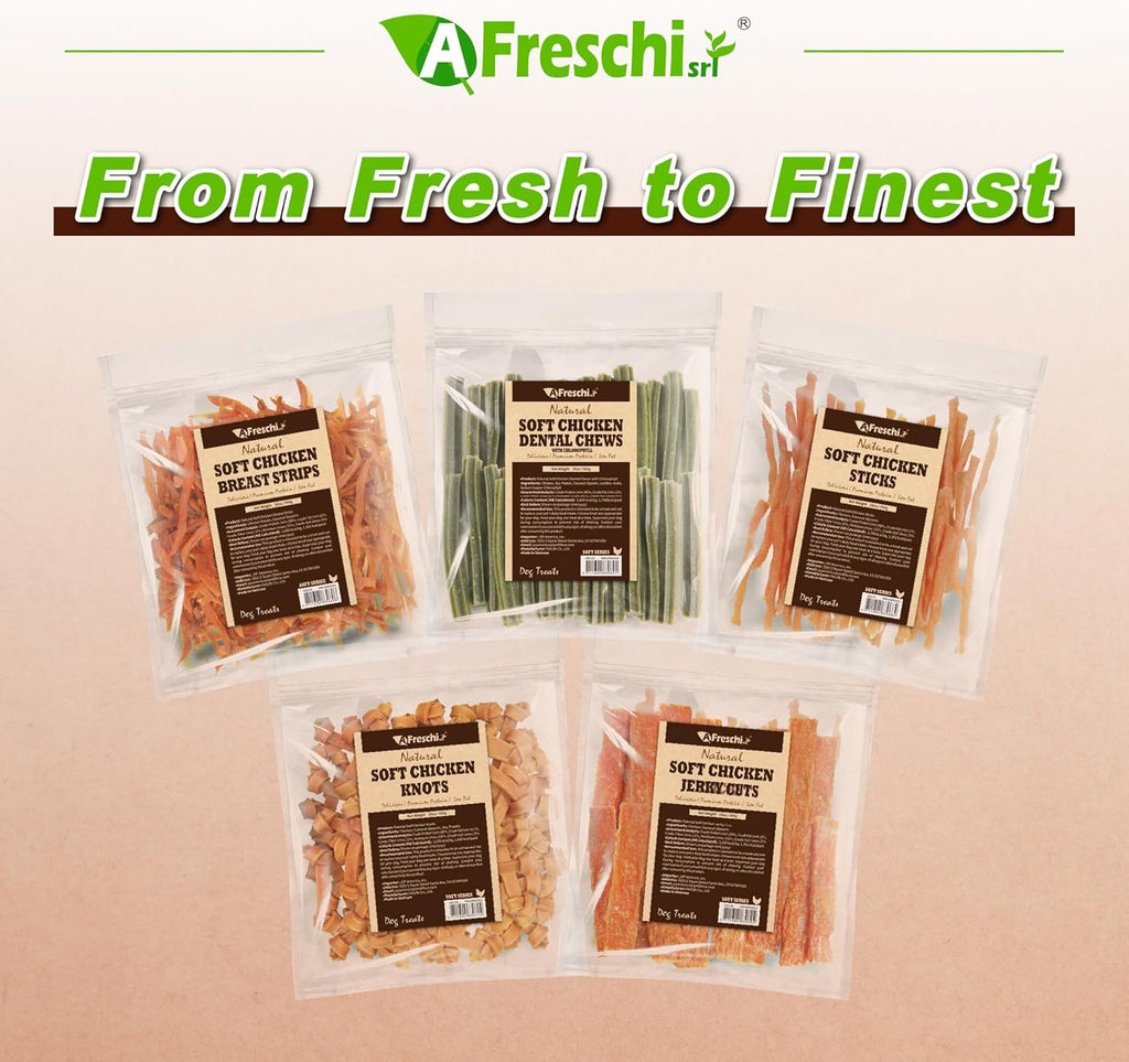 Happy dog eating A Freschi Srl soft chicken treats