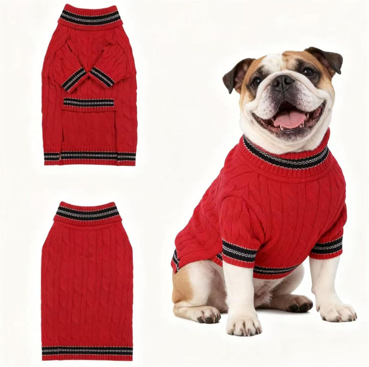 Small Dog Sweater with Zipper, Knitted Striped Pullover Dog Clothes for Cold Weather, Thick Warm Cozy Stretchy Sweater for Chihuahua, Bulldog, Dachshund, Pug(Red & White Strip, S) - Image 12