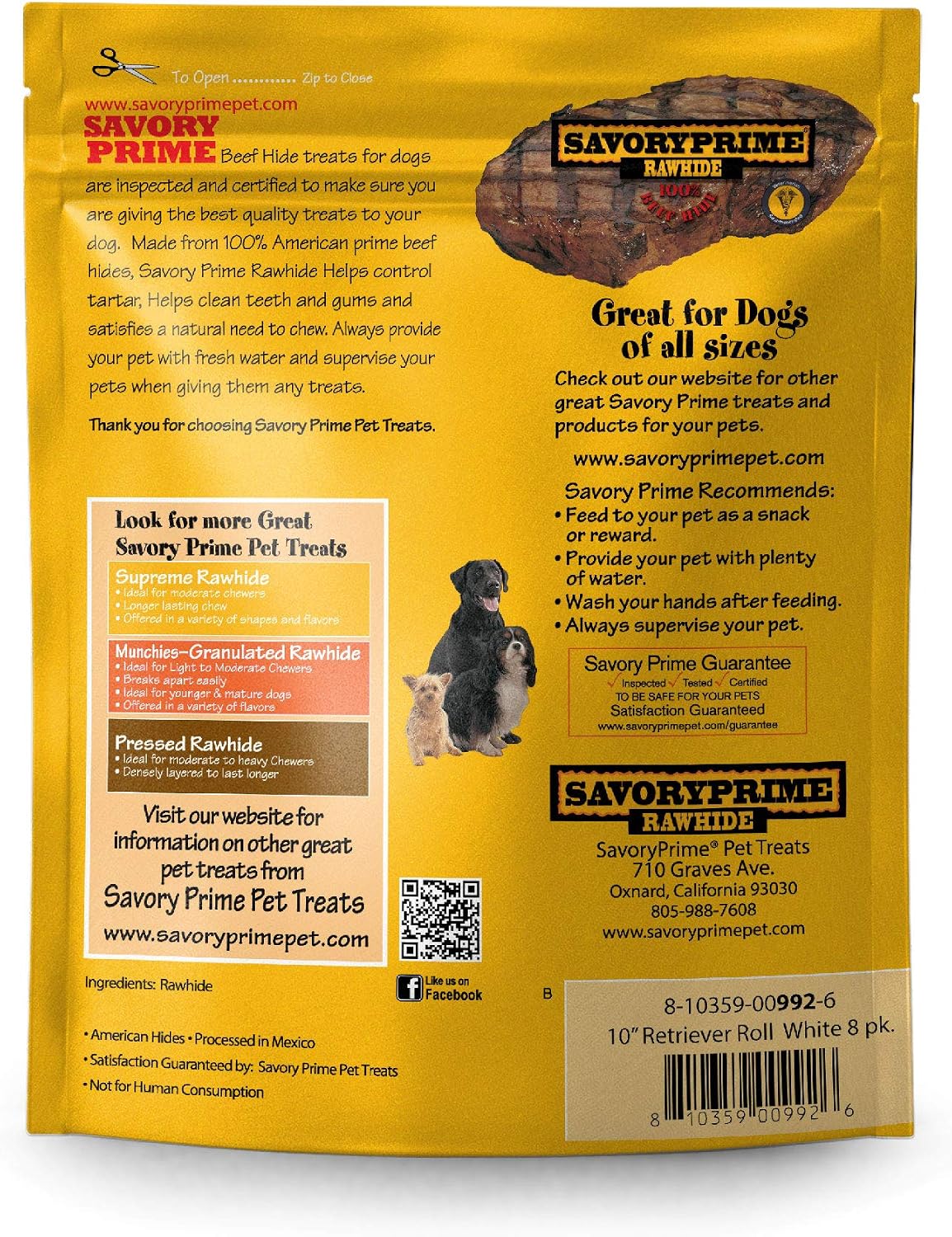 Savory Prime natural rawhide retriever rolls for dental health side packaging view
