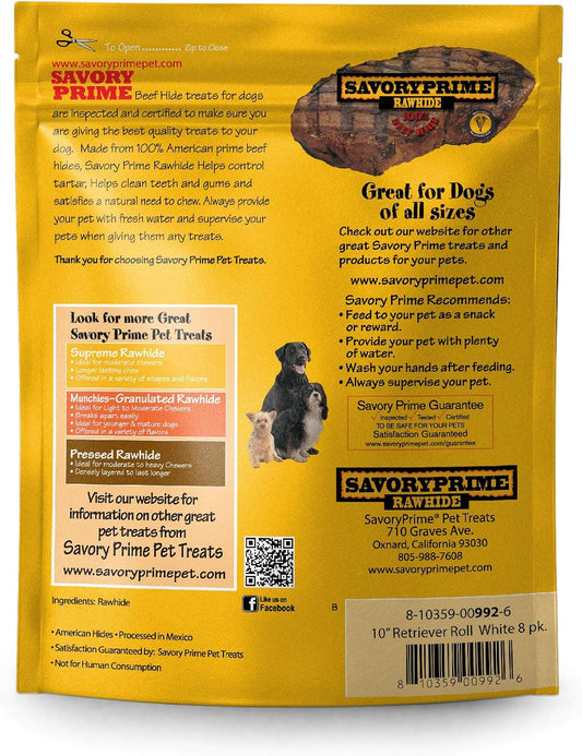Savory Prime natural rawhide retriever rolls for dental health side packaging view