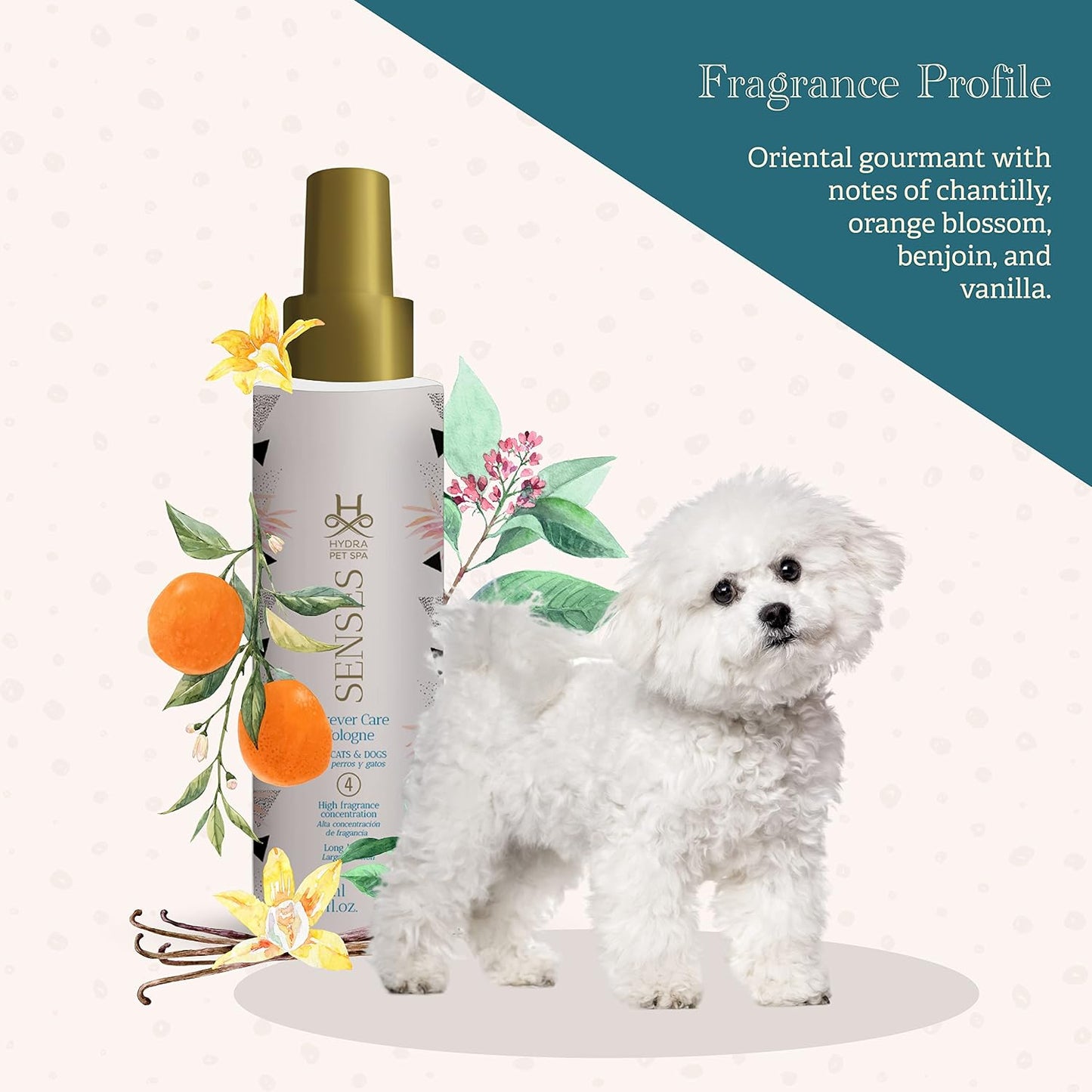 High concentration pet fragrance bottle showing the premium Oriental Gourmand ingredients profile.
